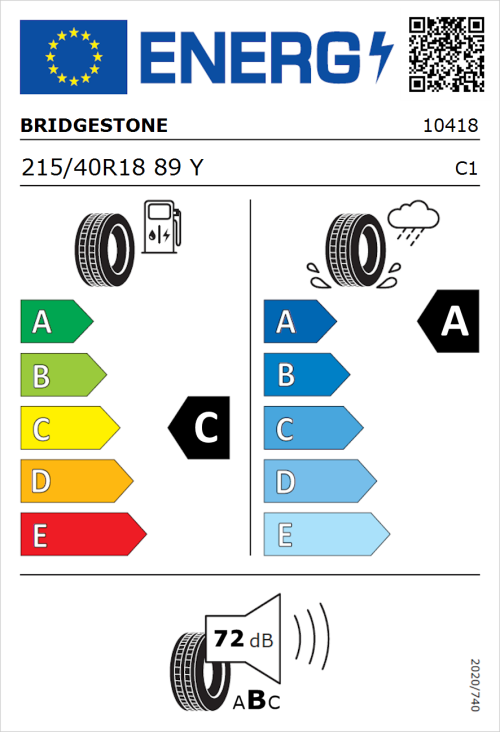 Tyre Label for Bridgestone Turanza T005 215/40R18 89Y