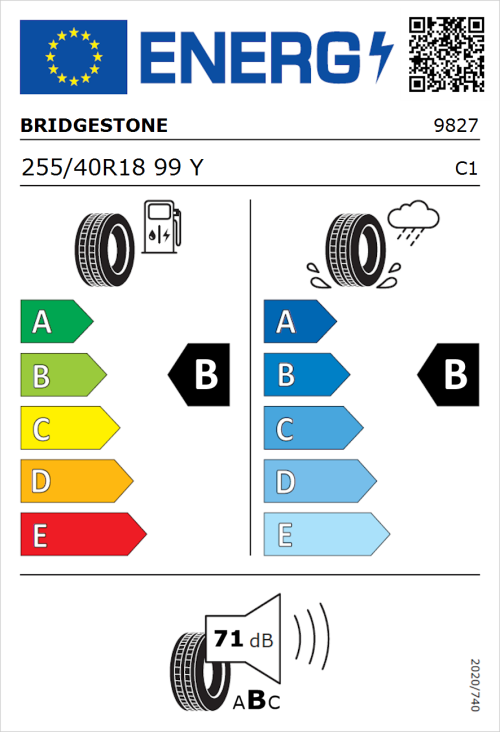 Tyre Label for Bridgestone Turanza T005 255/40R18 99Y