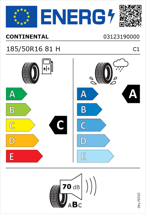 Tyre Label for Continental UltraContact 185/50R16 81H