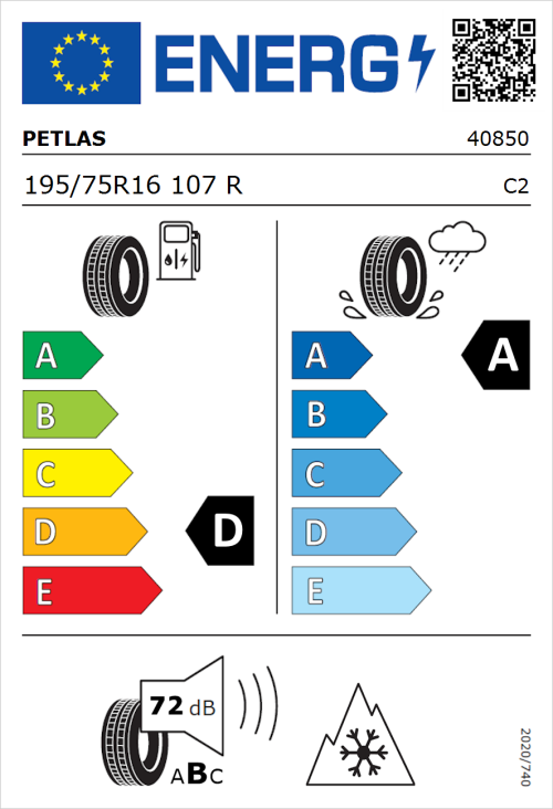 Tyre Label for Petlas Full Grip PT925 195/75R16 107R