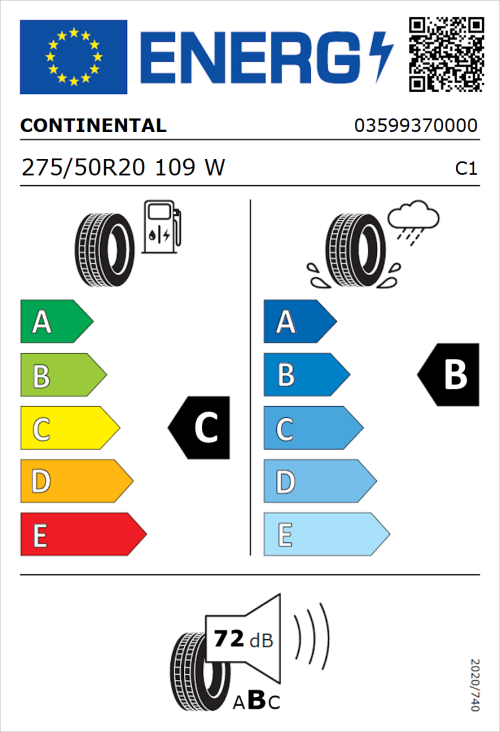 Tyre Label for Continental ContiCrossContact UHP 275/50R20 109W