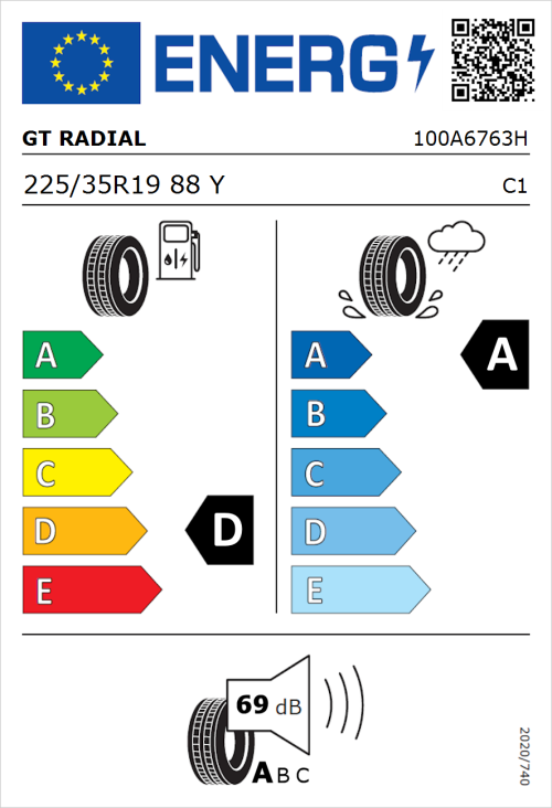 Tyre Label for GT Radial SportActive 2 Evo 225/35R19 88Y