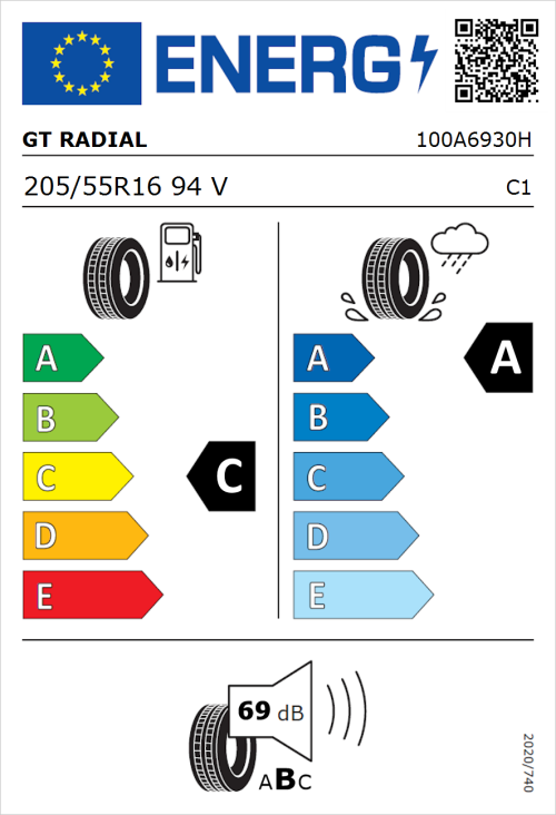 Tyre Label for GT Radial FE2 Evo 205/55R16 94V