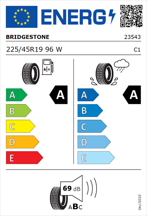 Tyre Label for Bridgestone Turanza T005 225/45R19 96W