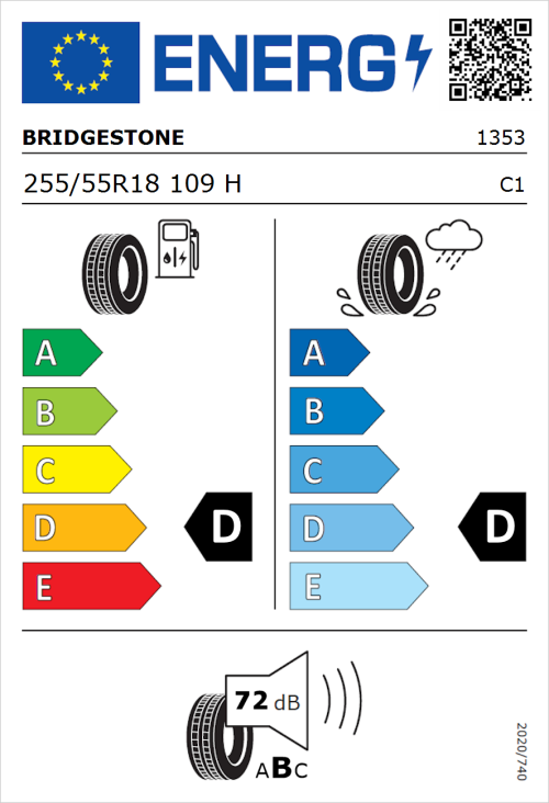 Tyre Label for Bridgestone Dueler H/L 400 255/55R18 109H
