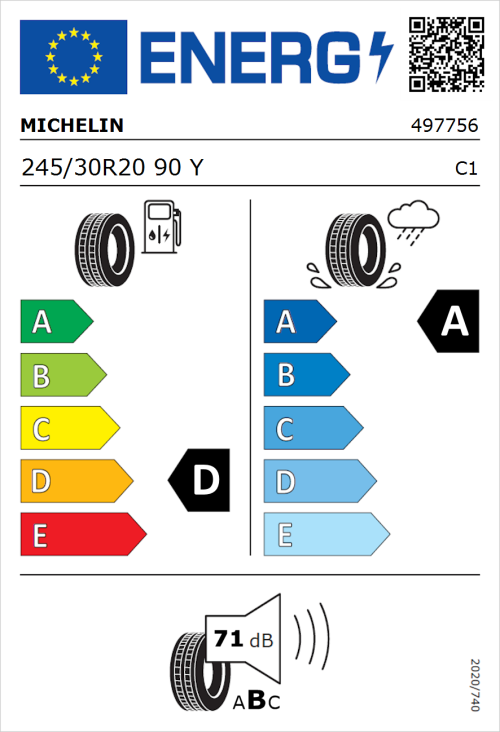 Tyre Label for Michelin Pilot Sport 4 S 245/30R20 90Y